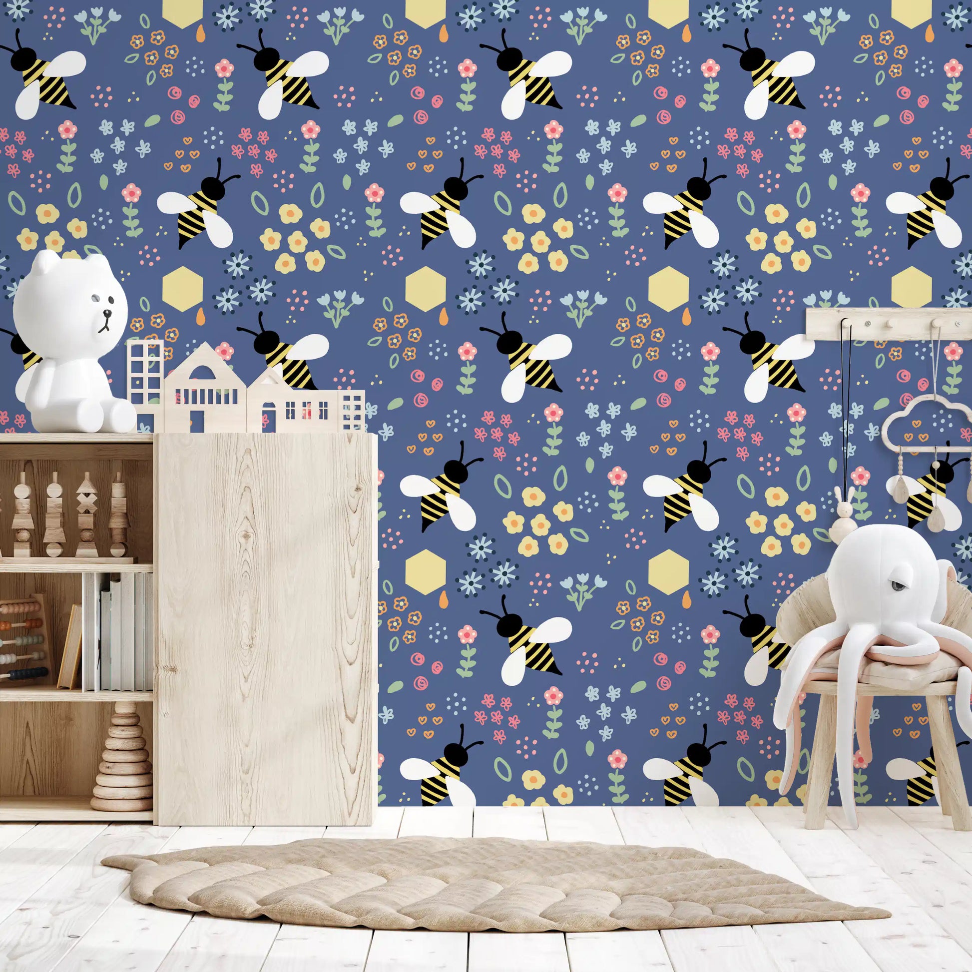 Dusty blue wallpaper showing two bees, daisies, roses, and tulip clusters., GD10110