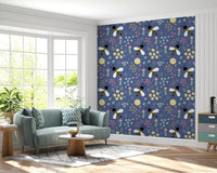 Living room wall featuring cartoon bee wallpaper with floral and honeycomb motifs, GD10110