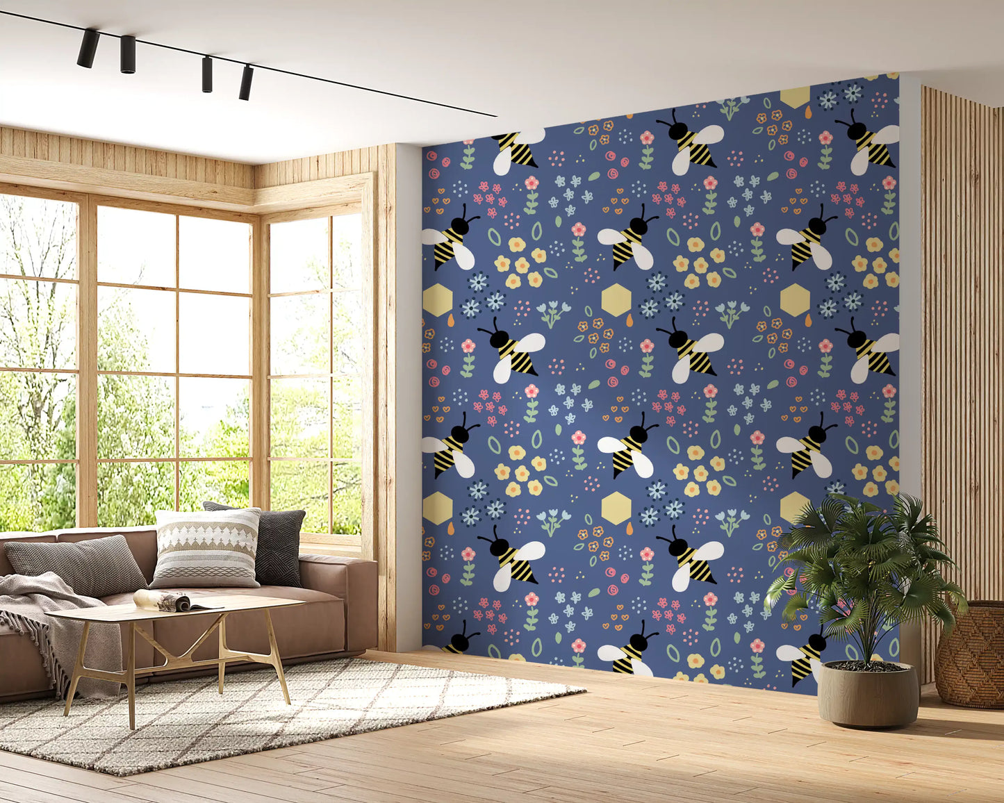 Cartoon bumblebee wallpaper with yellow stripes among tiny flowers and green leaves., GD10110