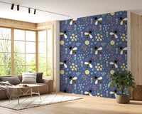 Cartoon bumblebee wallpaper with yellow stripes among tiny flowers and green leaves., GD10110