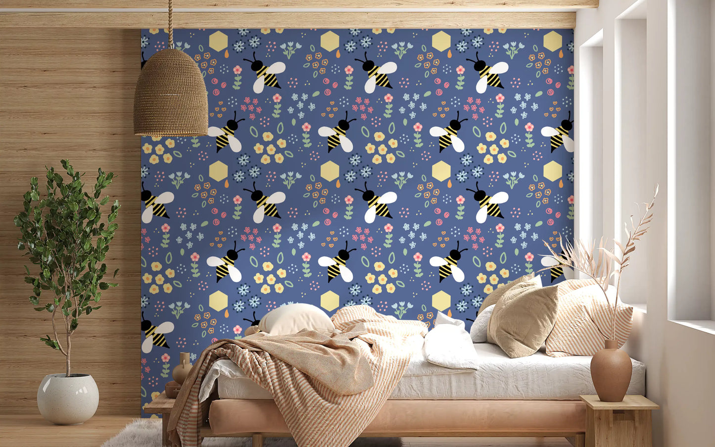 whimsical bee and floral wallpaper for bright bedroom backdrop., GD10110