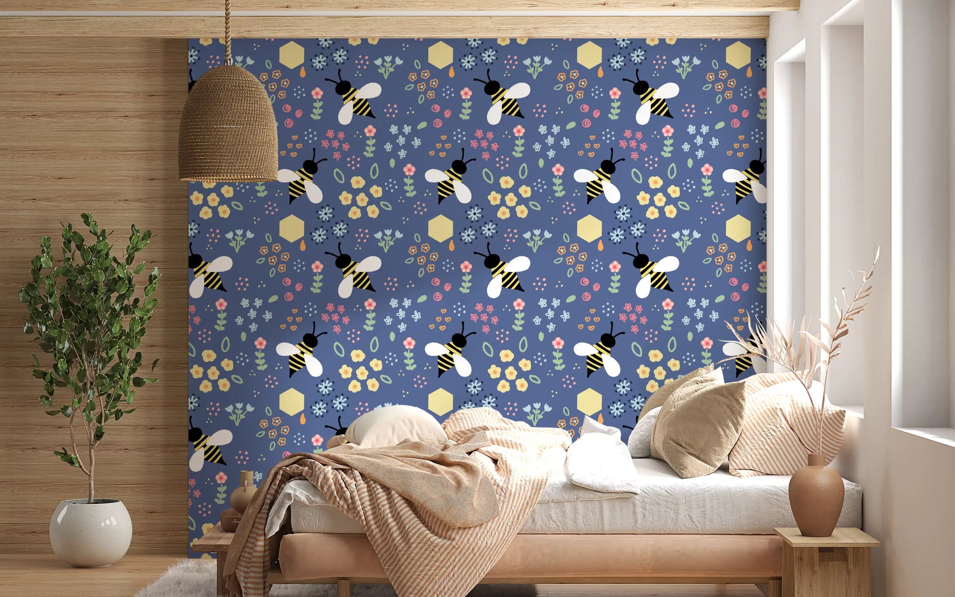 whimsical bee and floral wallpaper for bright bedroom backdrop., GD10110