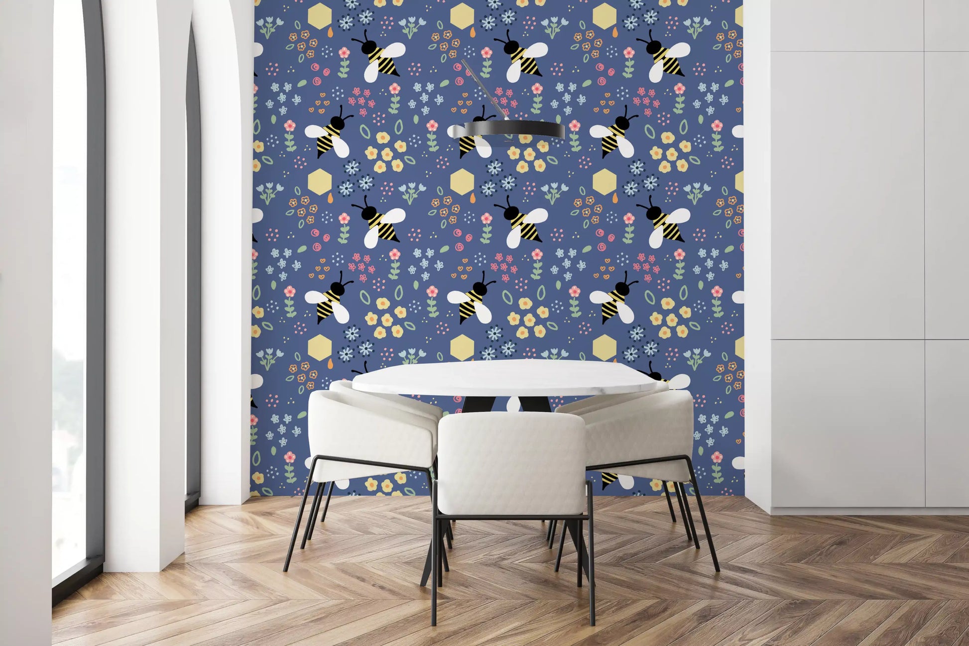 Dining room wall with bee and floral pattern wallpaper on dusty blue base, GD10110