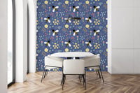 Dining room wall with bee and floral pattern wallpaper on dusty blue base, GD10110