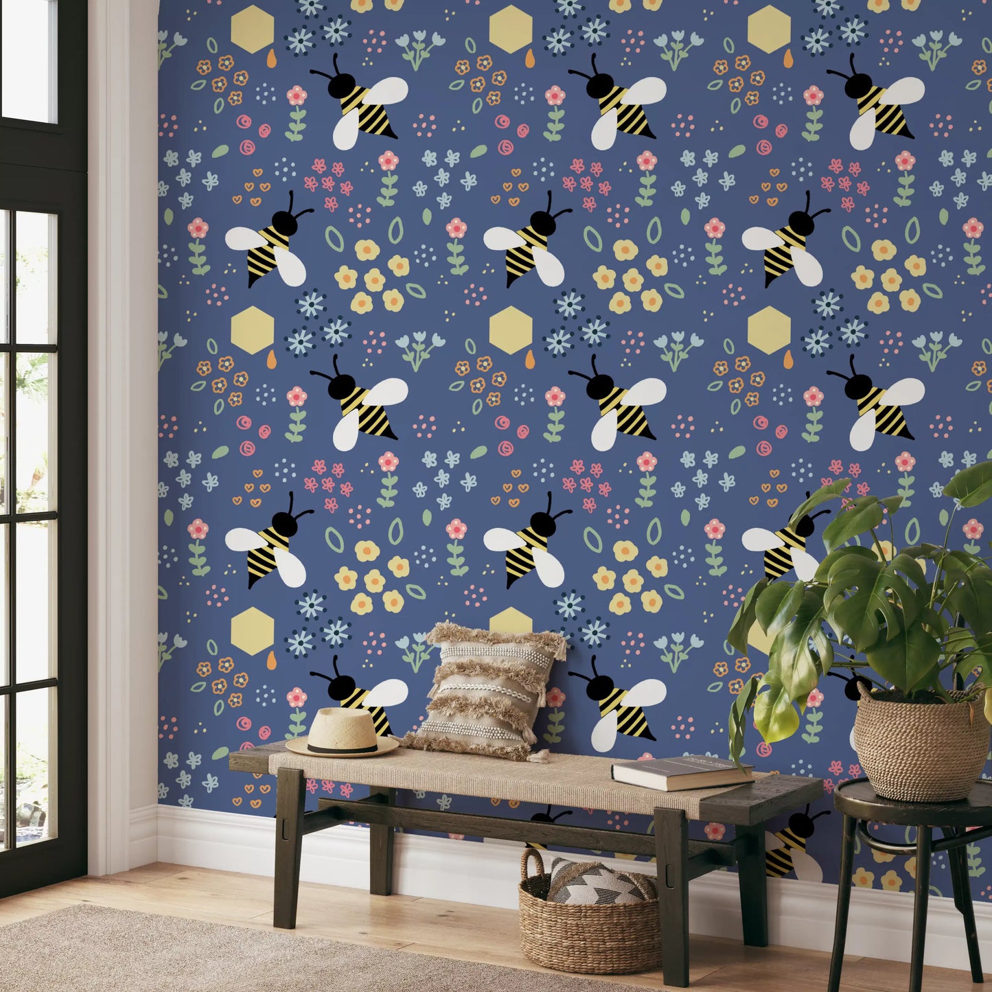 Hallway wall with bumblebee garden wallpaper and small heart shapes, GD10110
