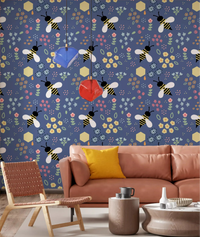 Living room wall featuring whimsical bee garden wallpaper with cartoon bumblebees., GD10110
