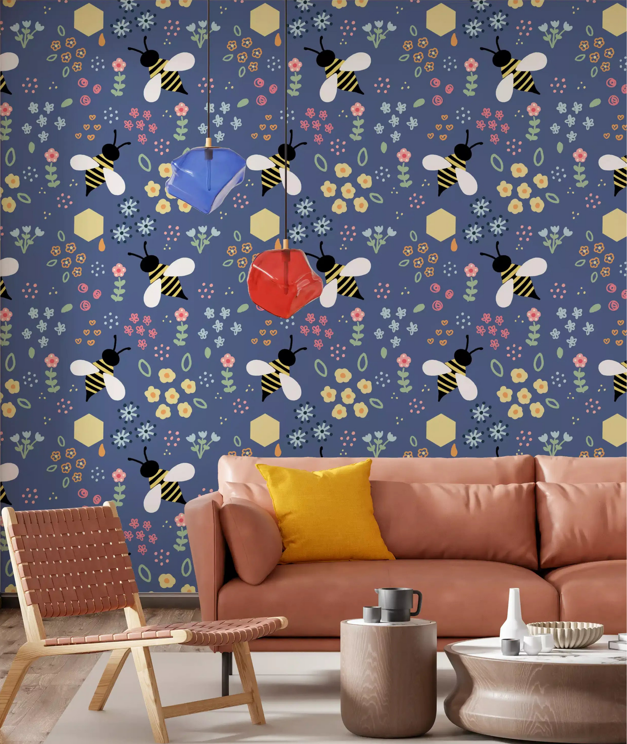 Living room wall featuring whimsical bee garden wallpaper with cartoon bumblebees., GD10110