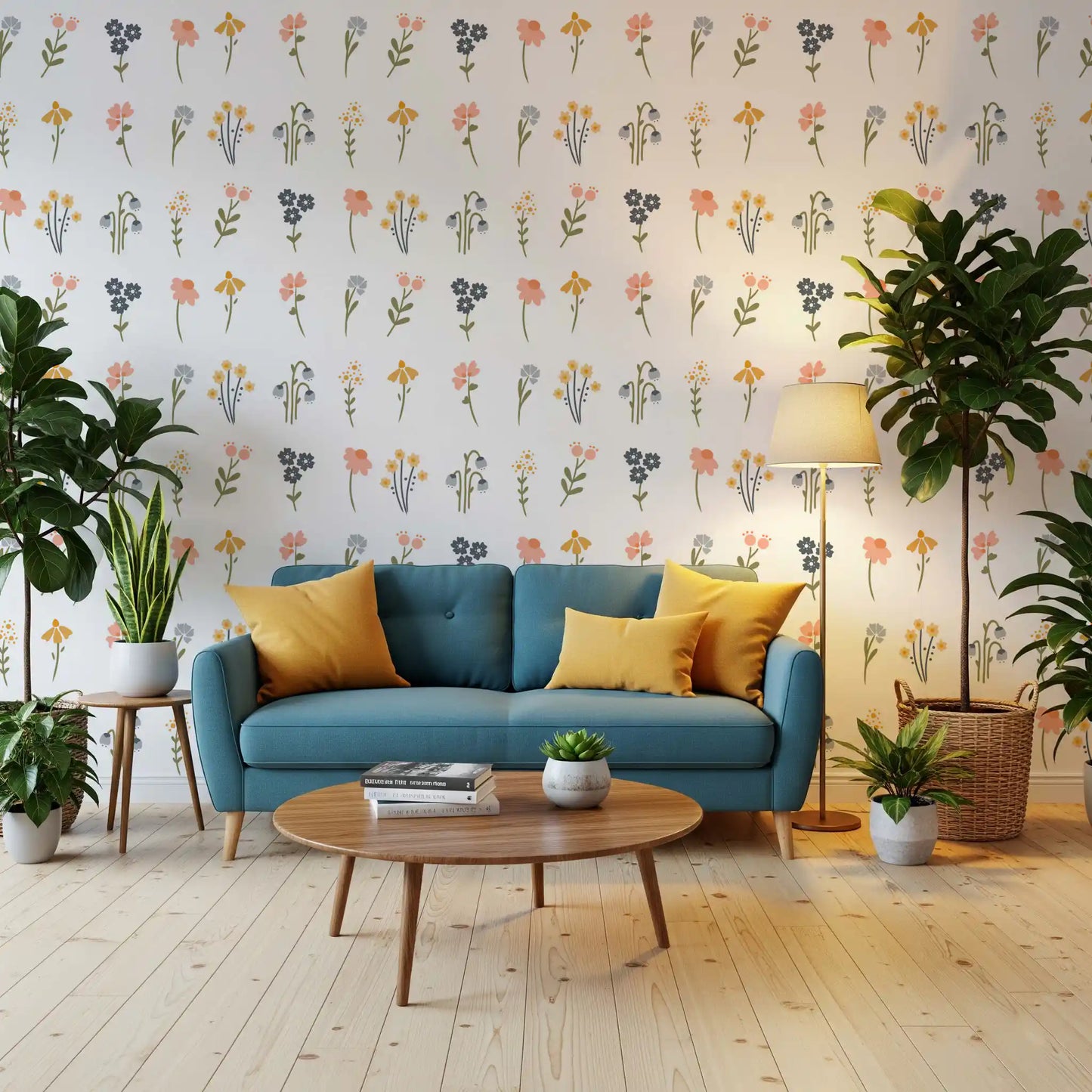 Painted wildflower wallpaper with olive stems arranged in a soft repeating layout.
