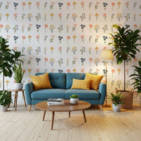 Painted wildflower wallpaper with olive stems arranged in a soft repeating layout.