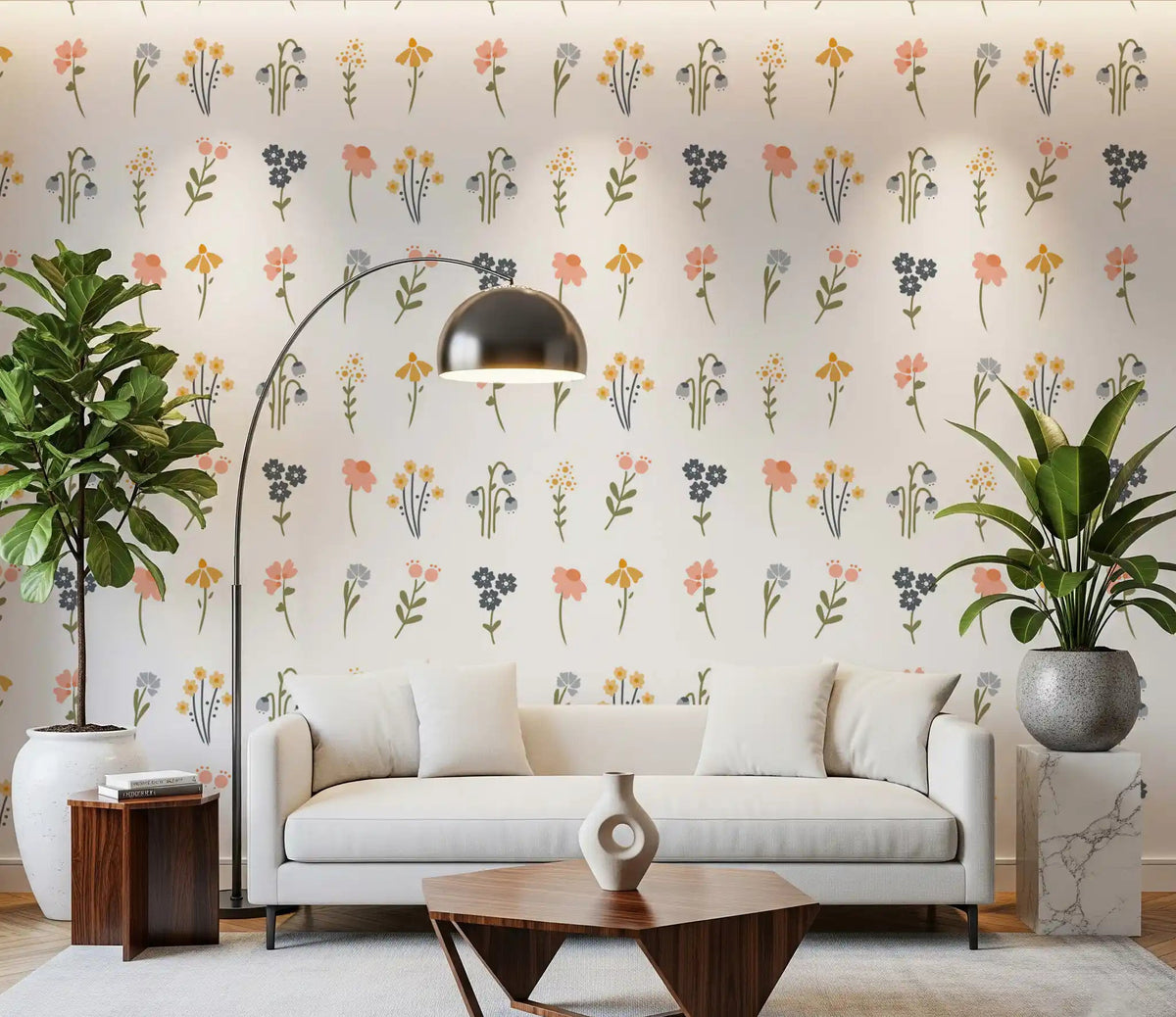 Living room wall finished with painted wildflower portraits on a white wallpaper., GD10112