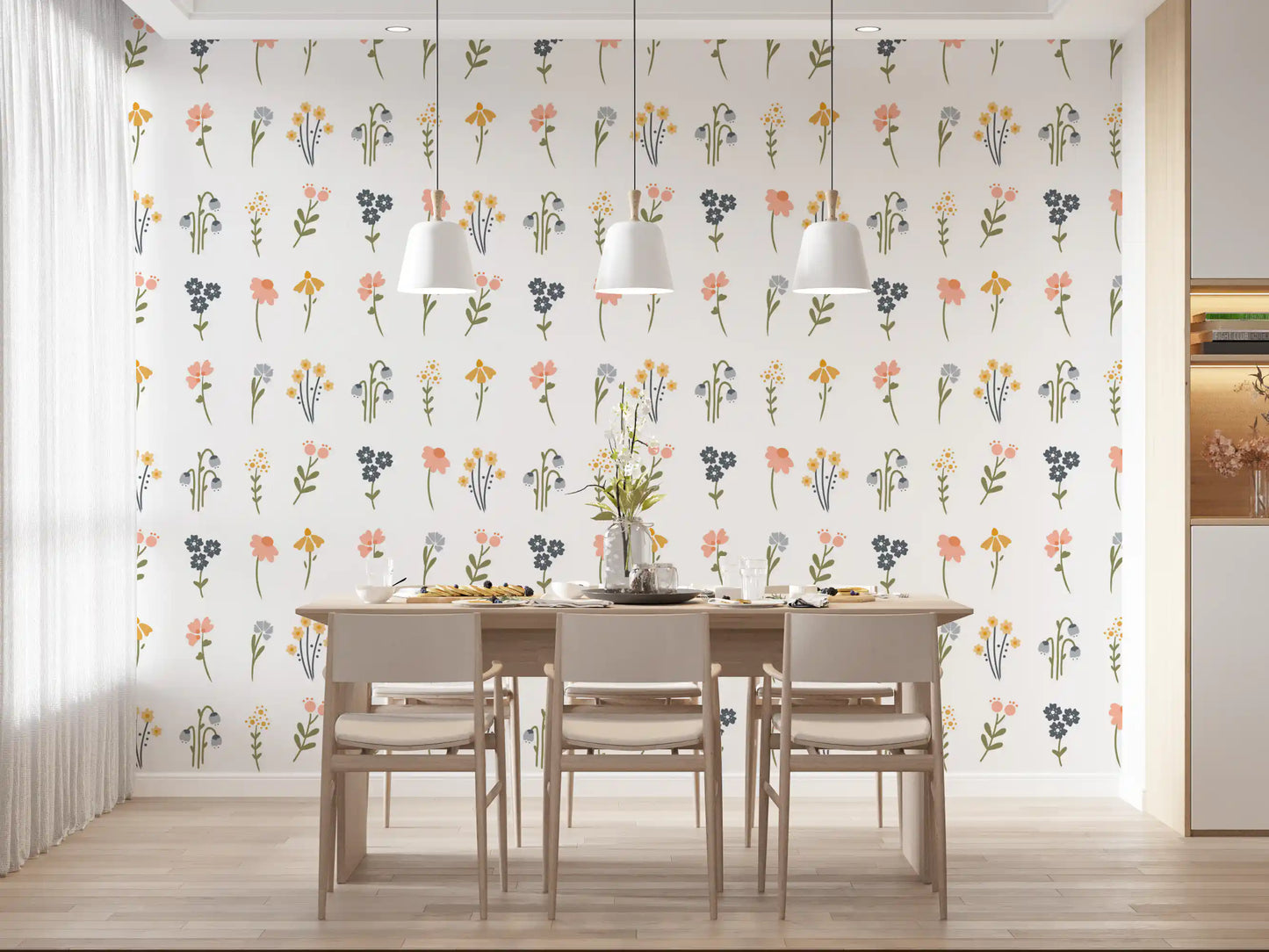 Mixed flower wallpaper including daisies, poppies, bells, and berry clusters in dining room.