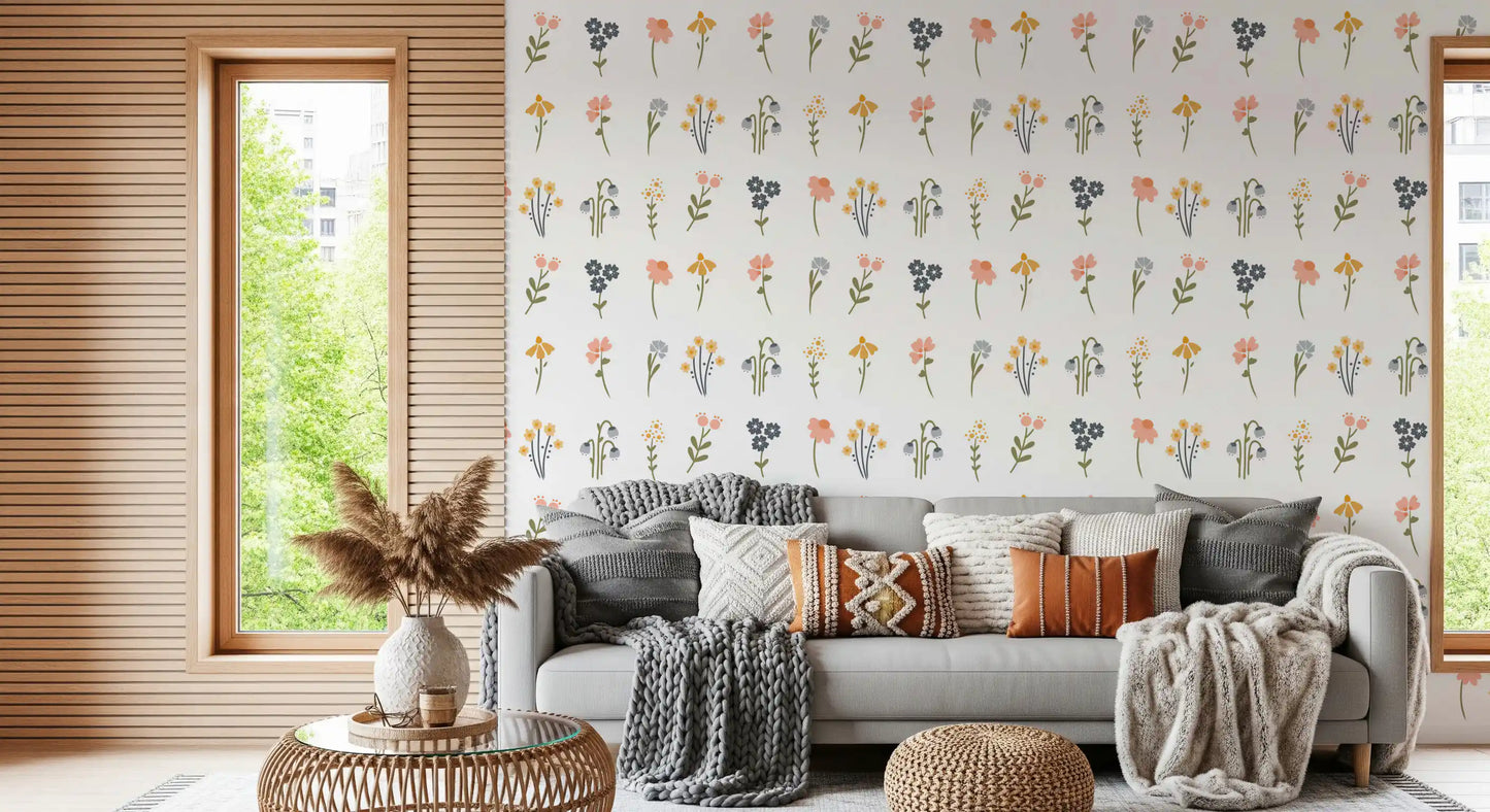 Wildflower wallpaper in mustard, pink, peach, navy and slate on white background