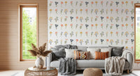 Wildflower wallpaper in mustard, pink, peach, navy and slate on white background