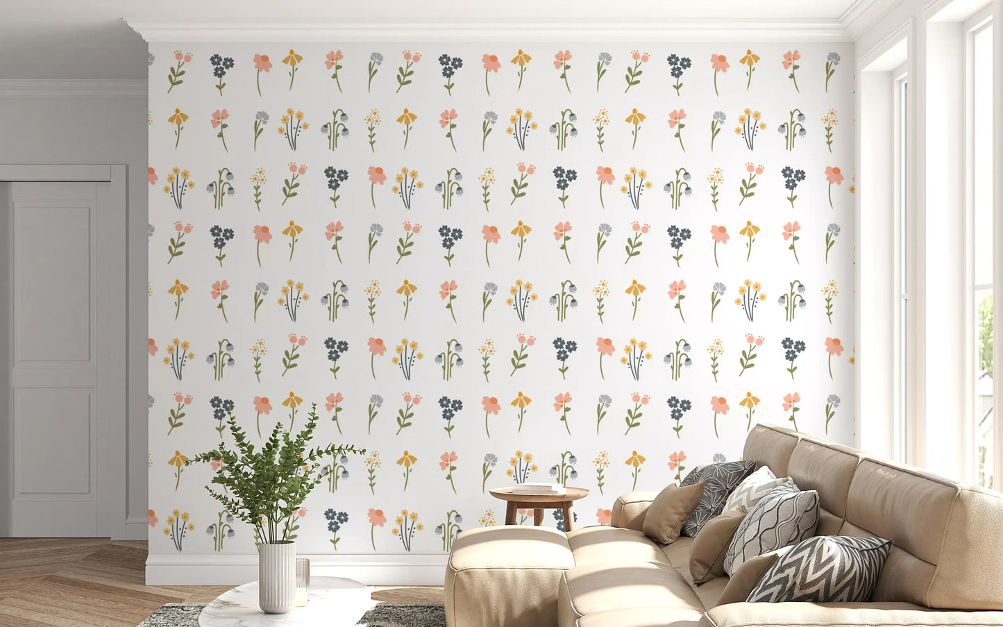 Living room wall covered in scattered wildflower blooms across a white wallpaper.