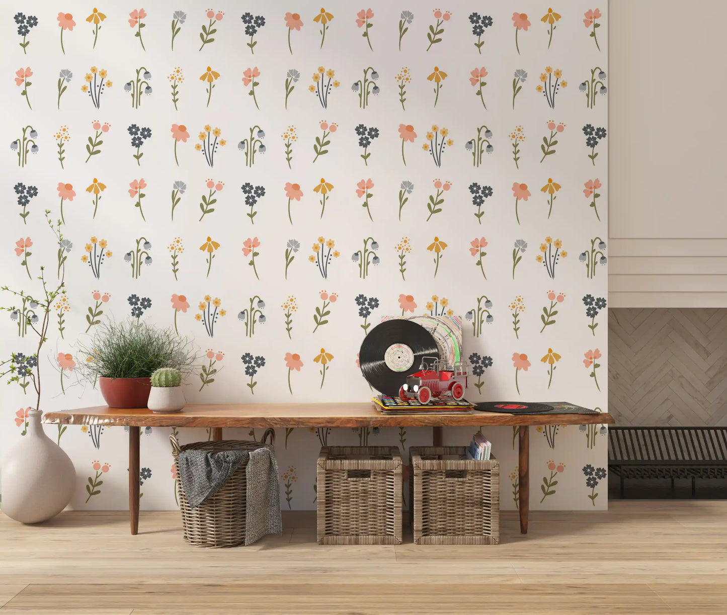 Wildflower wallpaper with mustard, pink, peach and slate blue painted blooms in hallway.