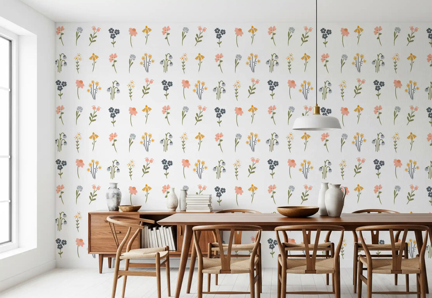 Pink poppy, navy cluster, and peach bud blooms with olive leaves wallpaper on white surface.