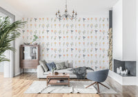 Mixed wildflower wallpaper with simple round petals in bright living room.