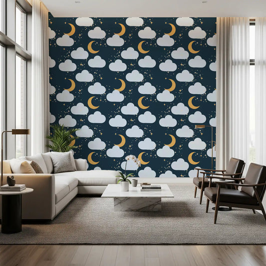 Navy night sky wallpaper with pale blue clouds and golden crescent moons in living area.