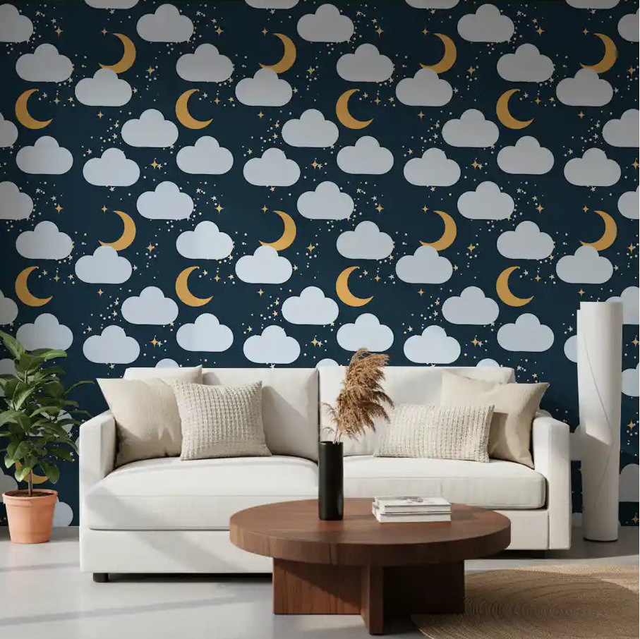Living room wall with starry night wallpaper in navy cream and pale blue. 