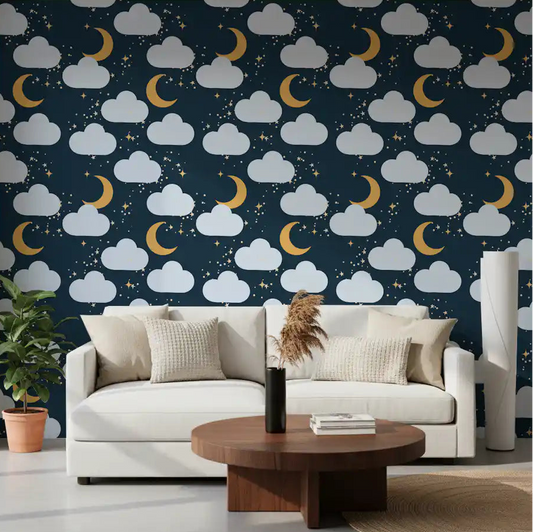 Living room wall with starry night wallpaper in navy cream and pale blue. 