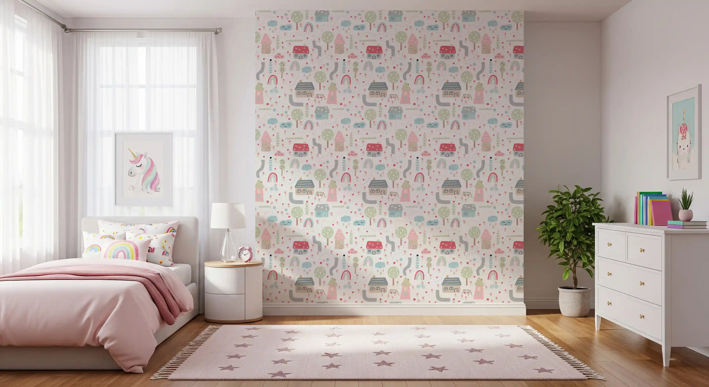 Pastel village wallpaper with cottages trees rainbows clouds and hearts.