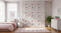 Pastel village wallpaper with cottages trees rainbows clouds and hearts.