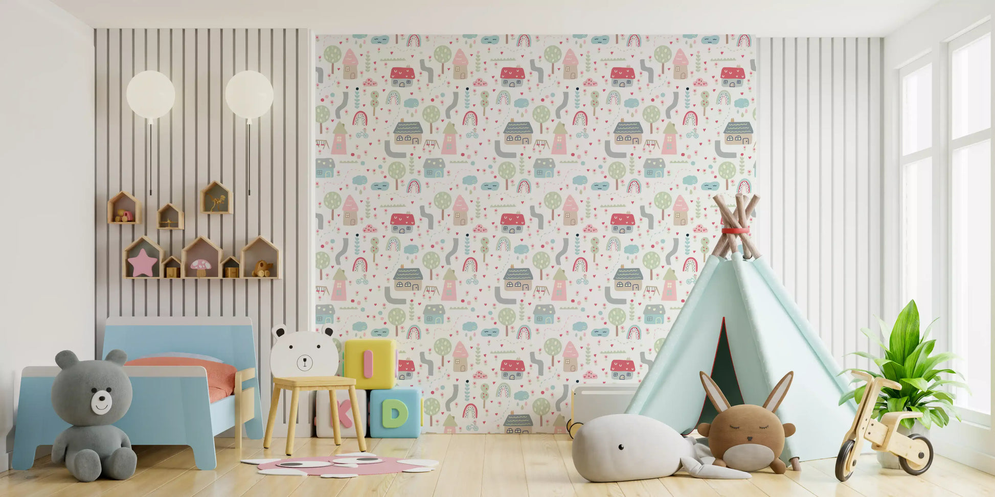 Village wallpaper featuring sloped cottage roofs in pink red and grey.