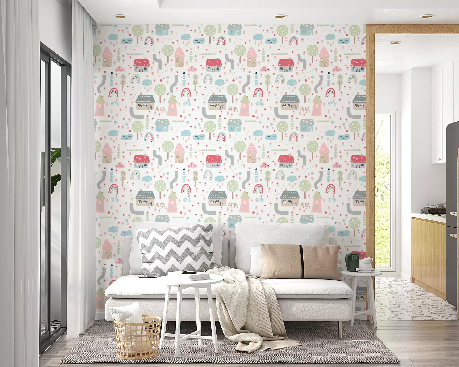 Hallway wall covered in pastel village wallpaper with hearts 