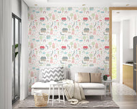 Hallway wall covered in pastel village wallpaper with hearts 