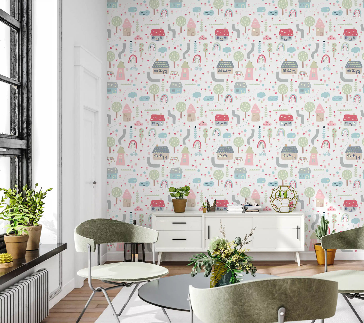 Dining room walls featuring cottages trees rainbows and bicycles pattern wallpaper.