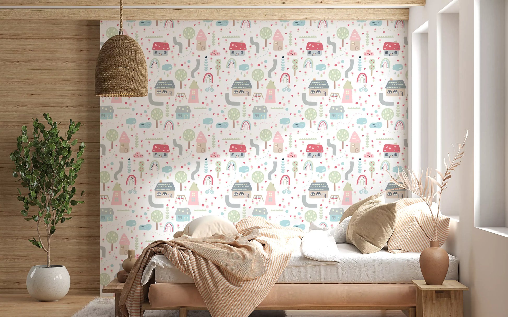 Bedroom feature wall with houses trees rainbows and clouds pattern wallpaper.