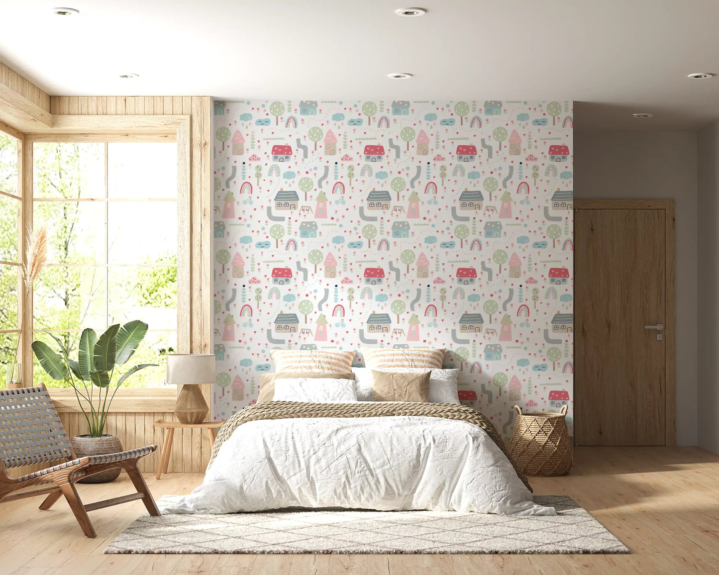 Playful illustrated pattern wallpaper with hearts clouds raindrops and curvy pathways.