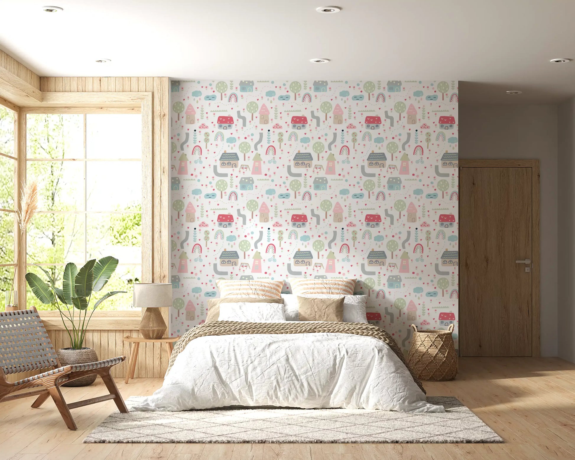 Playful illustrated pattern wallpaper with hearts clouds raindrops and curvy pathways.