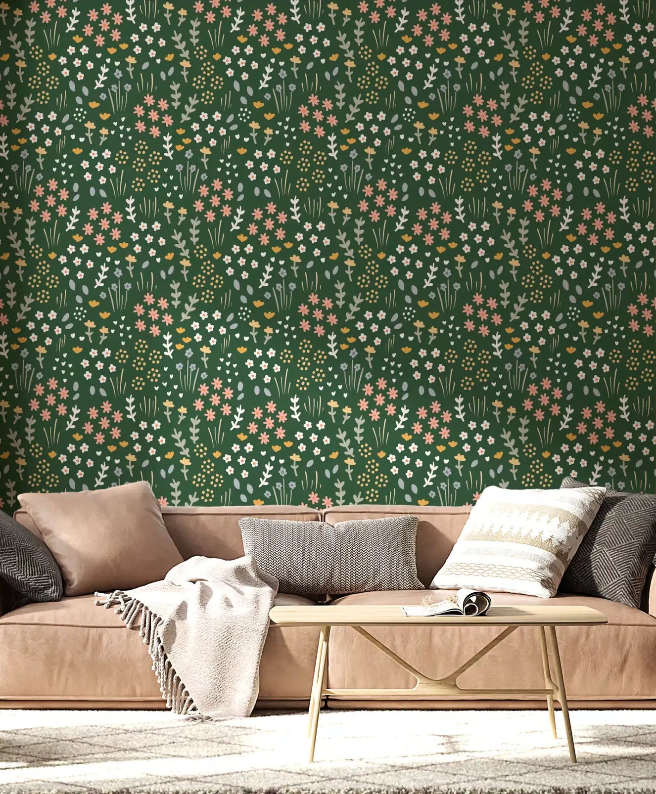 Dark green floral wallpaper with pink and white flowers for a living room.