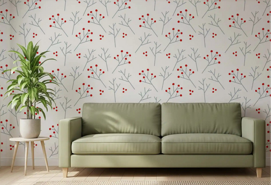 Scandi Berry Branches Wallpaper showing grey twigs and red dots for living room.