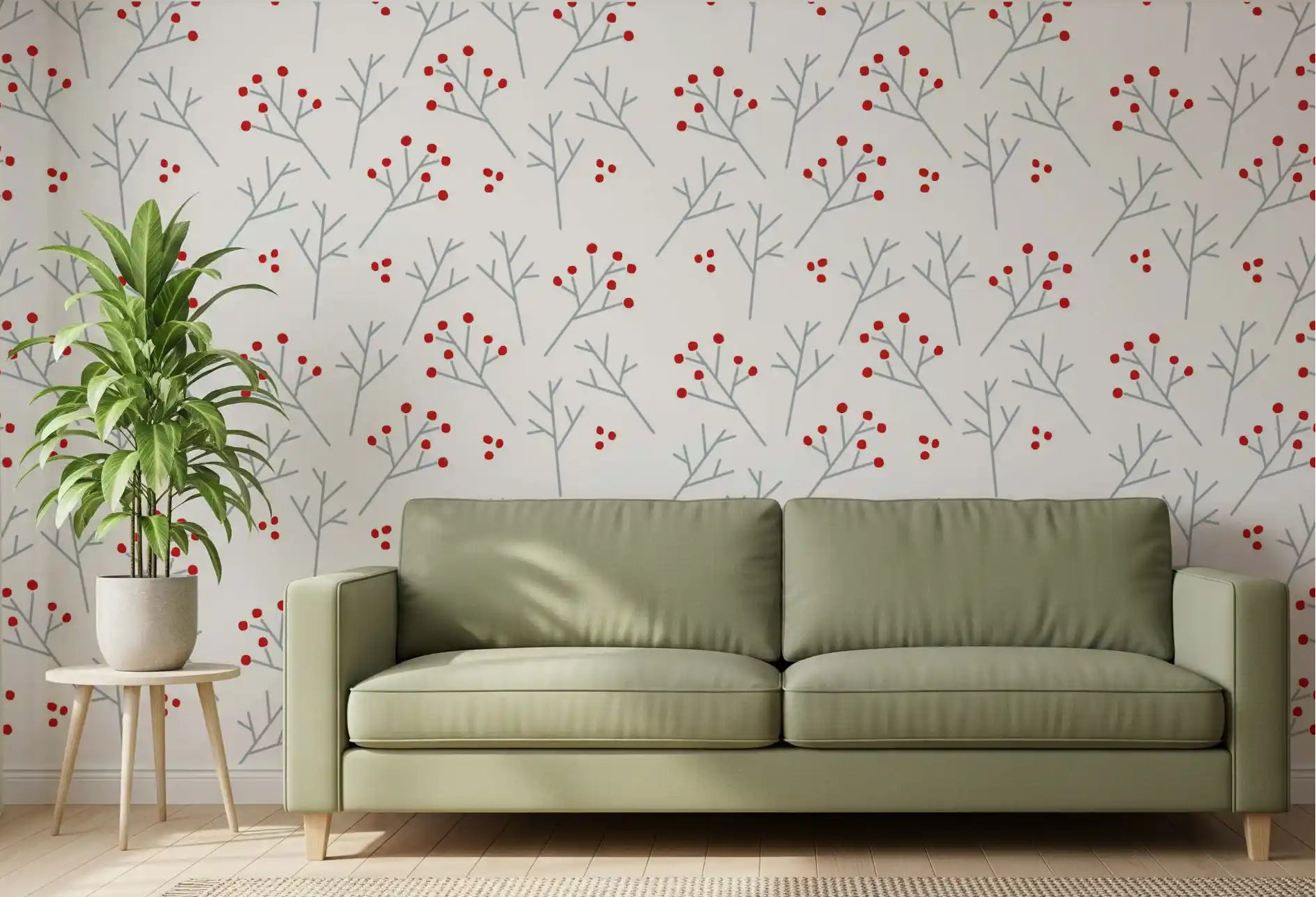 Scandi Berry Branches Wallpaper showing grey twigs and red dots for living room., GD10116