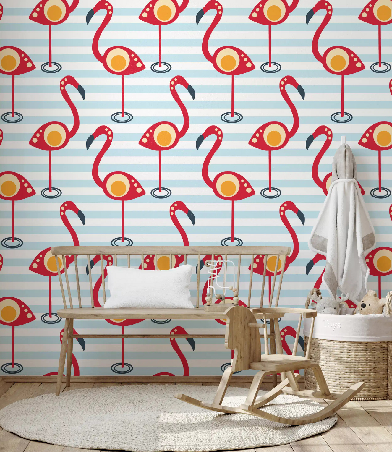 Side-facing flamingo wallpaper with cream and amber markings on a striped pale blue in nursery.
