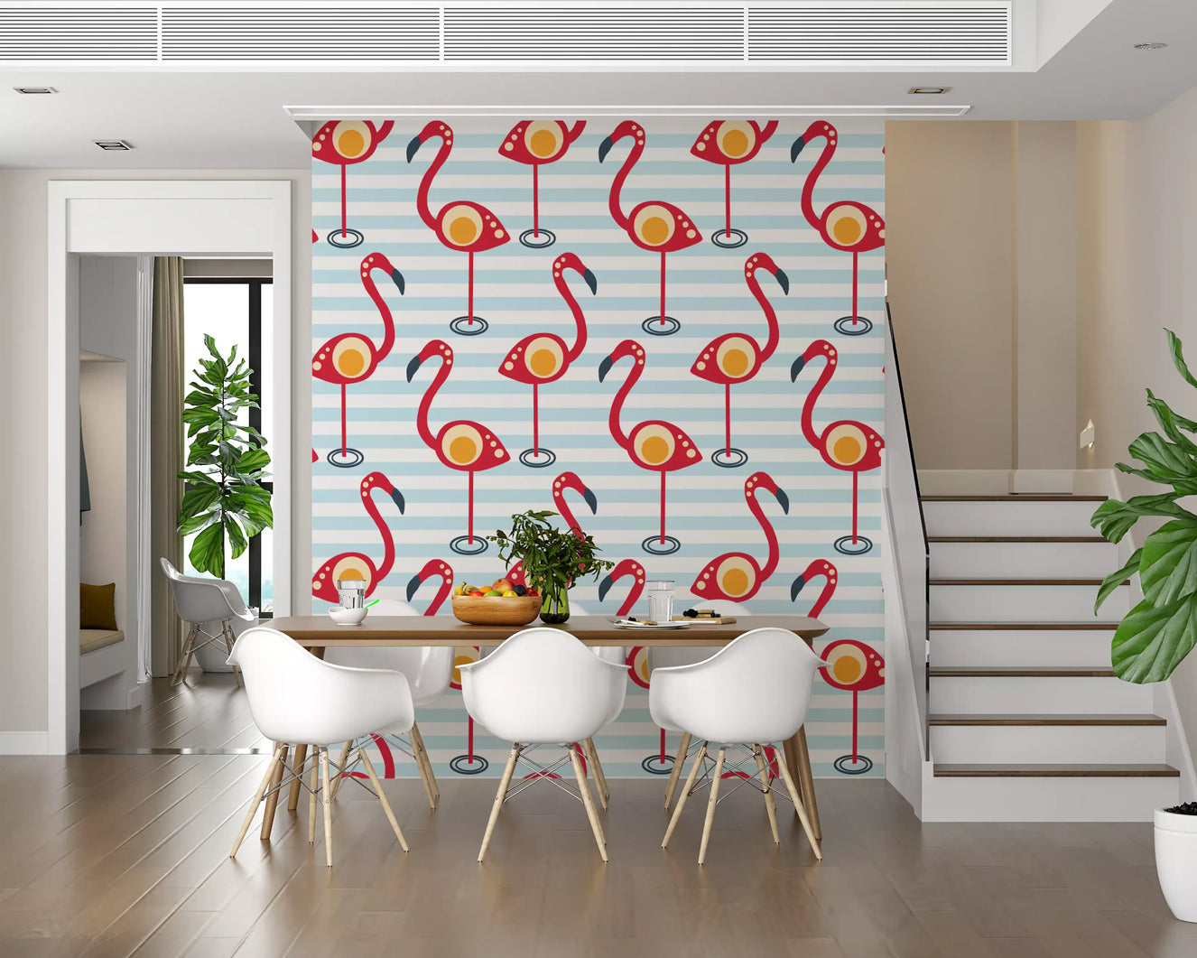 Playful flamingo wallpaper in coral, cream, amber and pale blue colours.
