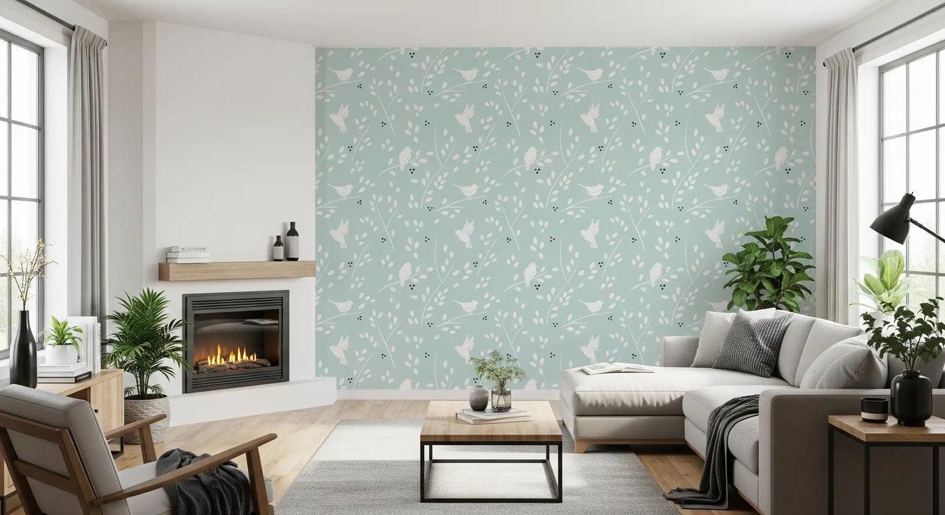 Small songbird wallpaper with a thin branch and oval white leaves around it 