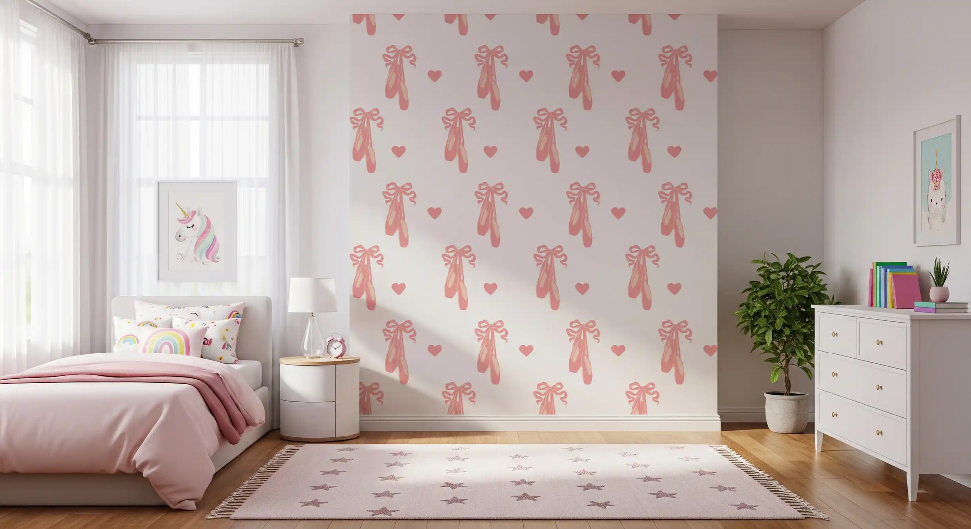 Single pair of pointe shoes wallpaper with flowing ribbons in soft pink tones.