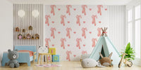 Kids room wallpaper with a soft pink ballet shoe and heart pattern.