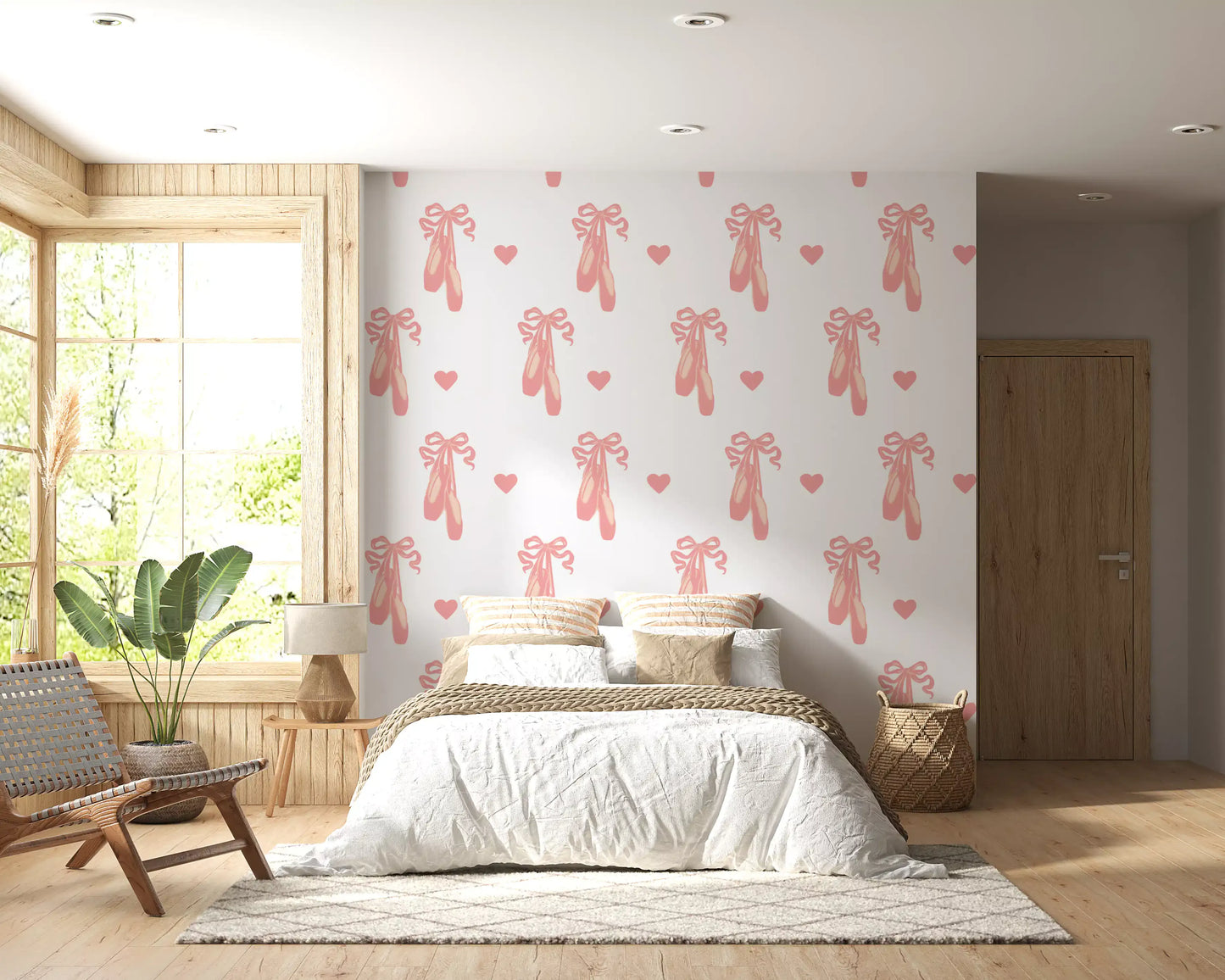 Paired ballet shoes wallpaper with satin laces on a clean white background in bedroom.