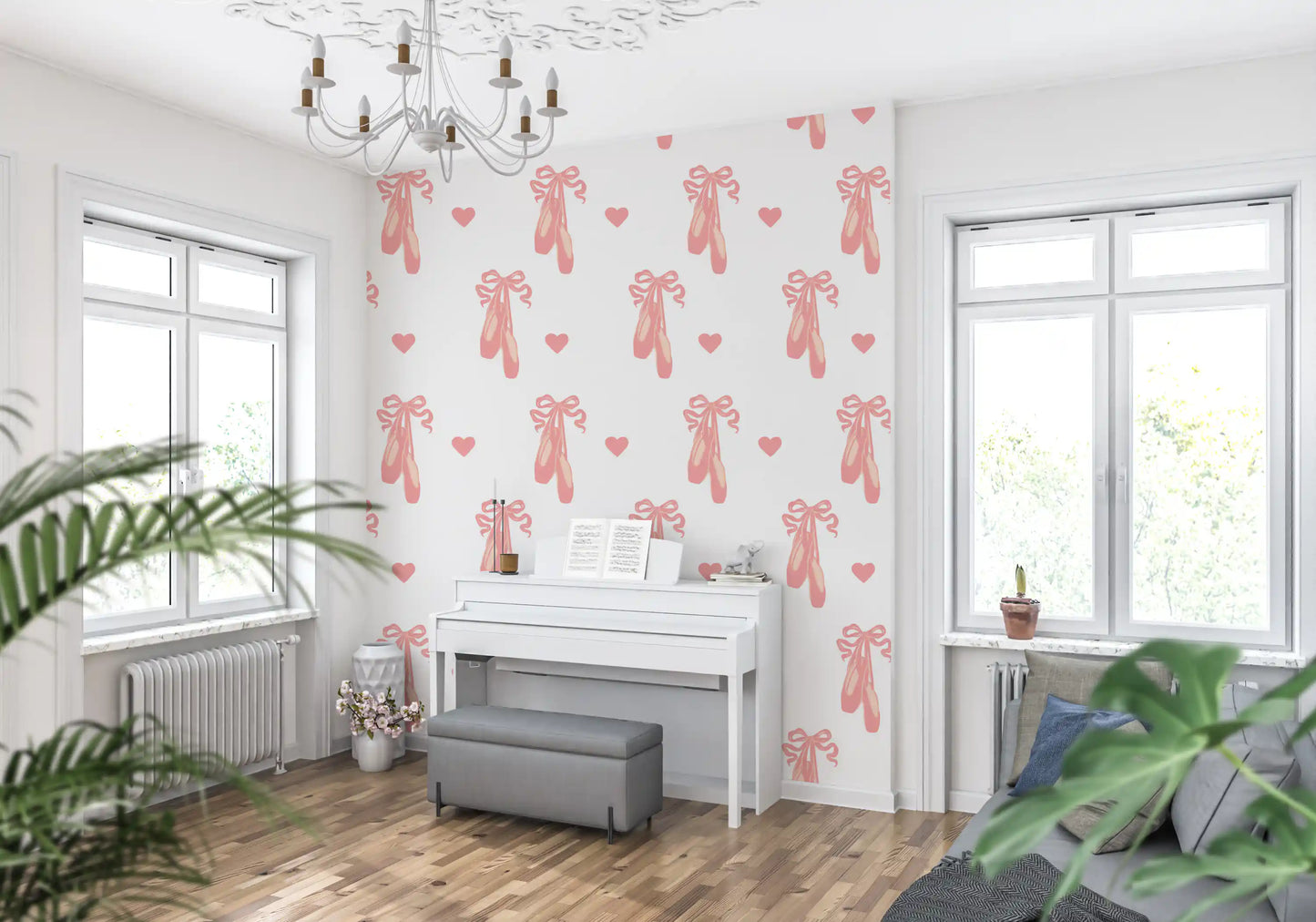 Blush pink bows with looped ribbons set on a white wallpaper field.