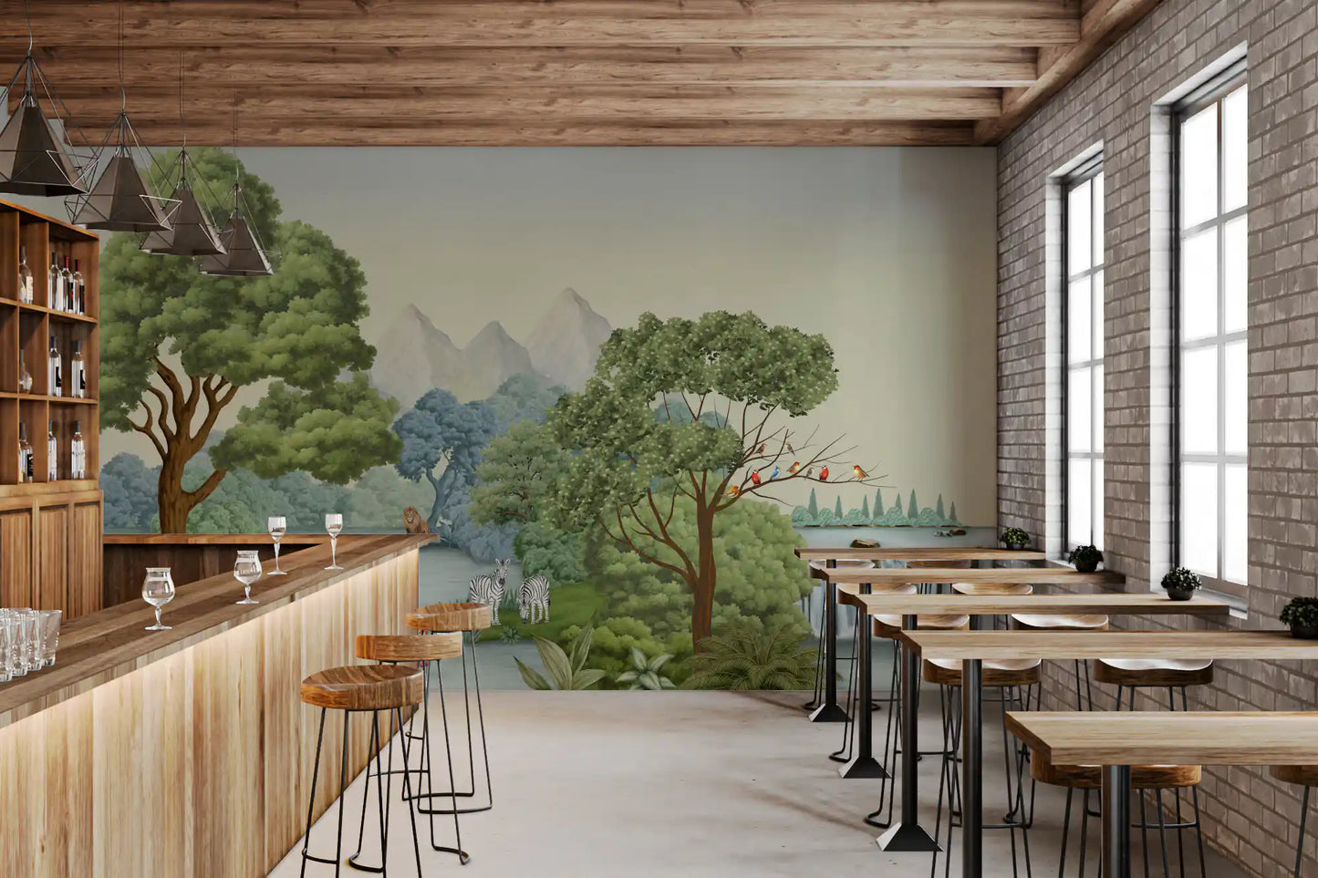 Bar interior lifted by a wildlife wall mural full of birds, trees and a distant waterfall.