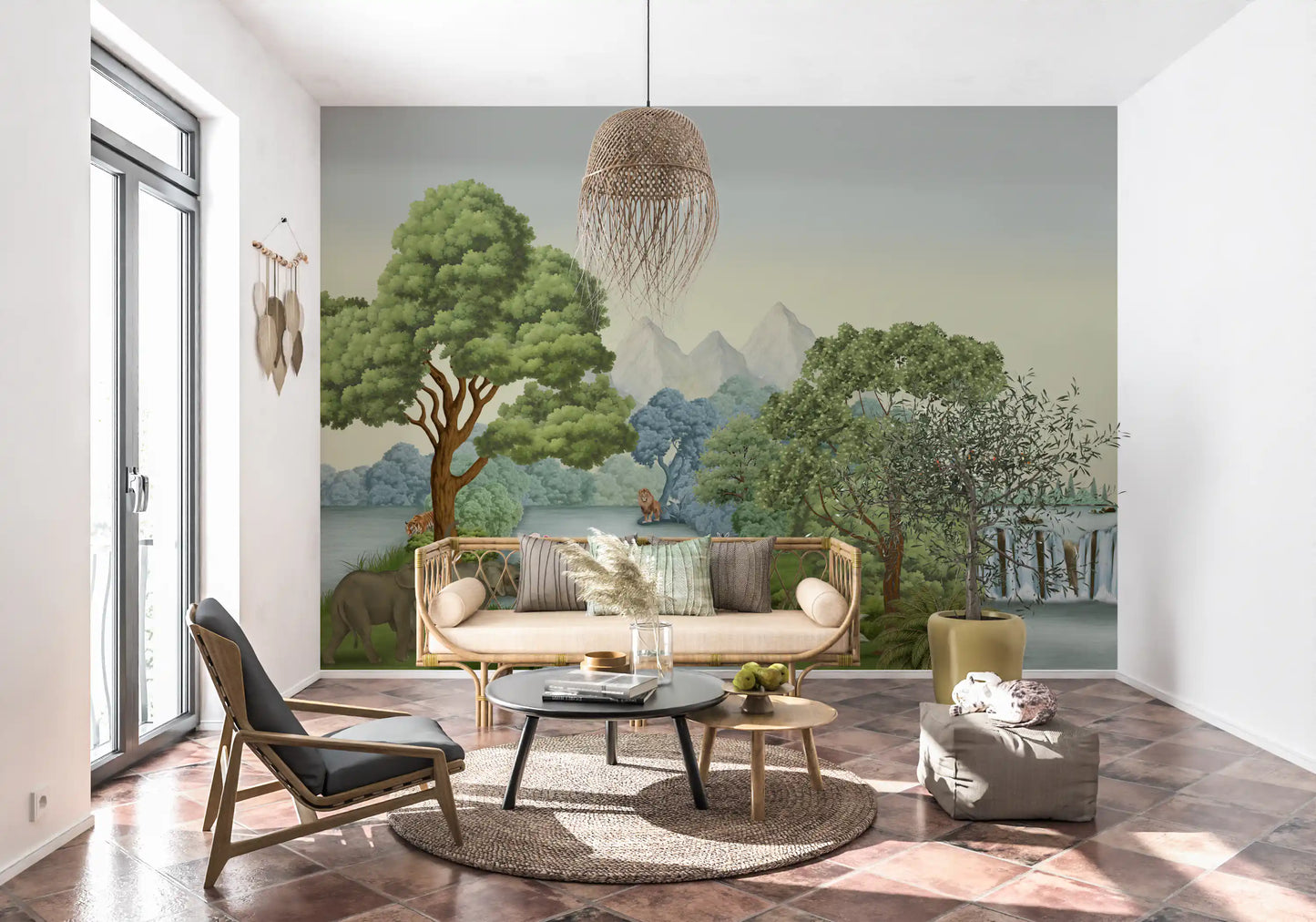 Striped zebras feed on a grassy patch in the Safari River Oasis wall mural with a lion behind them.