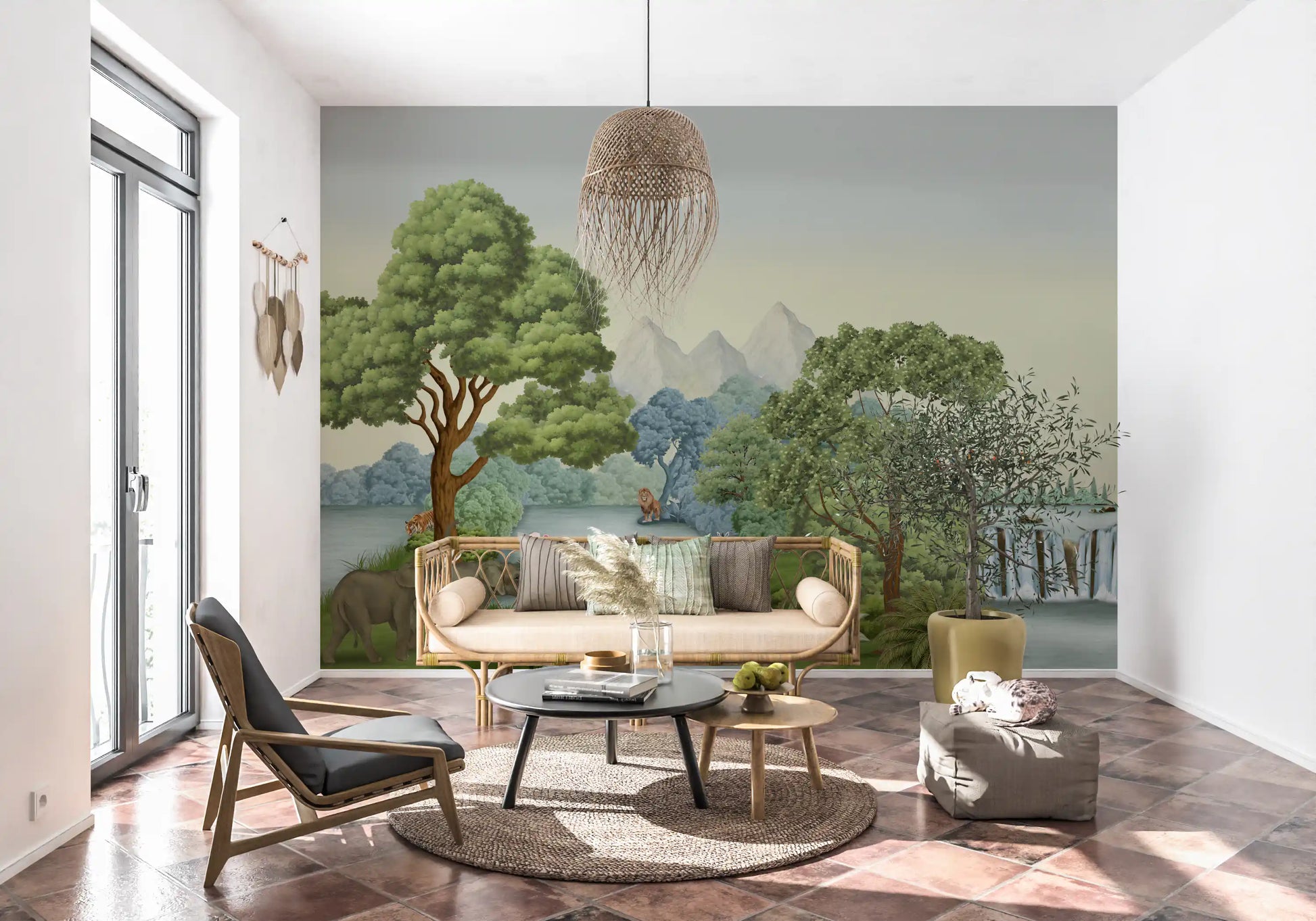 Striped zebras feed on a grassy patch in the Safari River Oasis wall mural with a lion behind them.