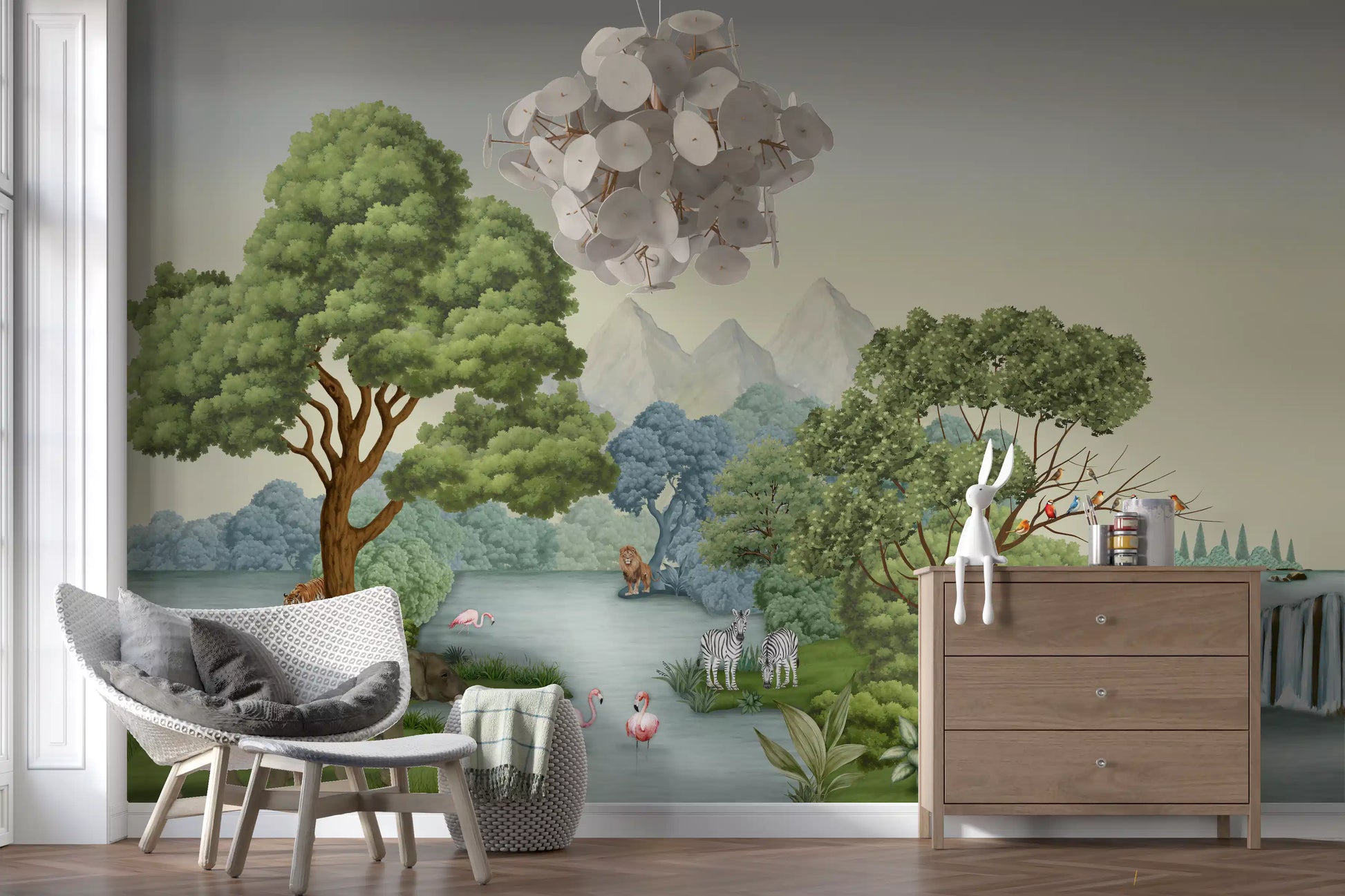 Flamingos stand in still water mid-scene in the river oasis wall mural under a pale sky.