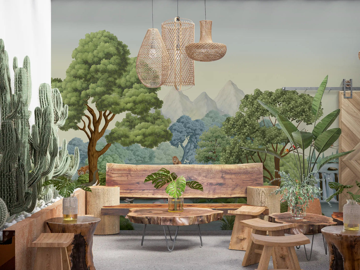 Tiny parrots and finches perch along a leafless branch in this wildlife wall mural beside a waterfall.
