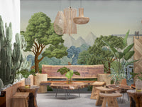 Tiny parrots and finches perch along a leafless branch in this wildlife wall mural beside a waterfall.