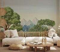 Calm living room styled with a Safari River Oasis wall mural showing elephants and flamingos by the water.